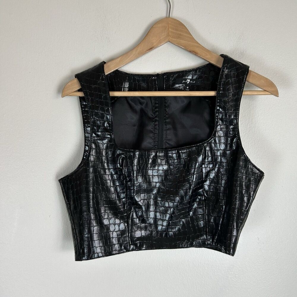 7 For All Mankind M Croc Embossed Leather Set Shorts Crop Top Black Vegan Faux - Picture 3 of 8